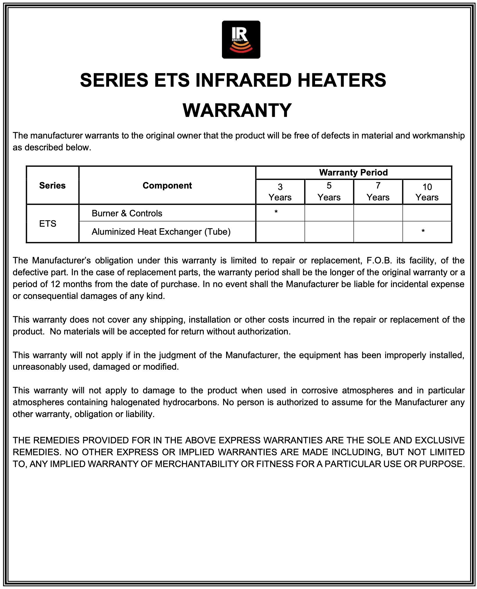 ETS40 - 9' evenTUBE Slimline, by IR Energy, Overhead Outdoor Heater, 38,500 btu, NG or LPG